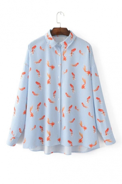 Cute Striped Goldfish Printed Single Breasted Lapel Color Block Shirt