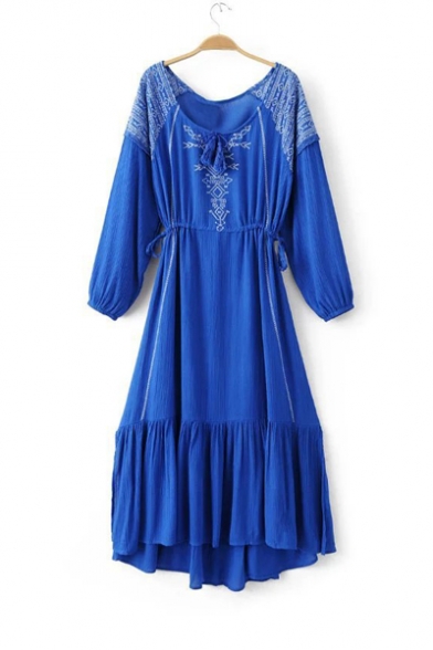High Low Hem V-Neck Long Sleeve Drawstring Waist Asymmetric Dress