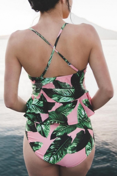 Leaves Printed Color Block Spaghetti Straps Crisscross Back One Pieces