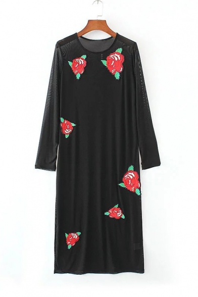 Sheer Mesh Embroidery Floral Pattern Long Sleeve Maxi T-Shirt Dress