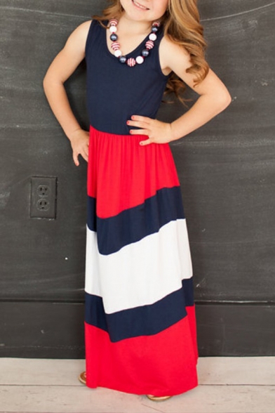 Summer Scoop Neck Sleeveless Color Block Striped Print Maxi Dress for Children