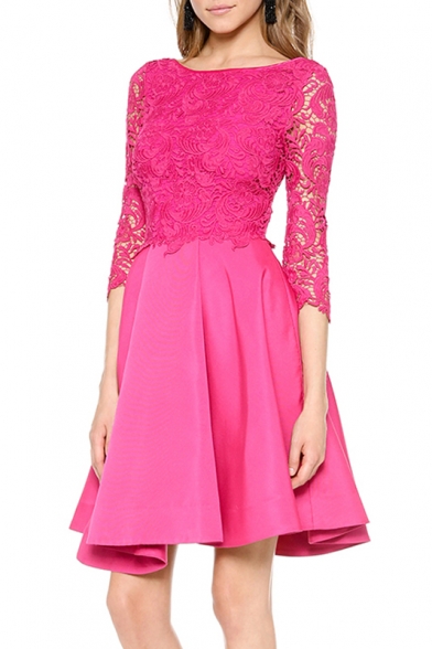 Elegant Lace Patchwork 3/4 Length Sleeve Plain Mini A-Line Dress