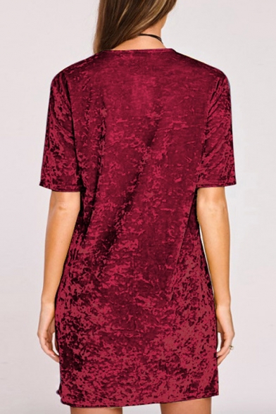 Fashion Half Sleeve Round Neck Plain Velvet Mini T-shirt Velvet Dress