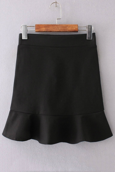 Fashion High Waist Ruffle Hem Plain Mini Bodycon Skirt