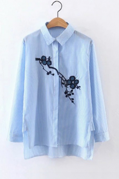 High Low Hem Single Breasted Lapel Long Sleeve Embroidery Floral Striped Shirt