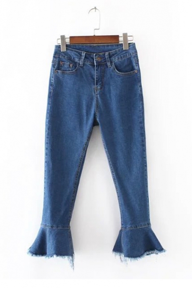 New Arrival Bell Ripped Cuffs Mid Waist Plain Basic Jeans