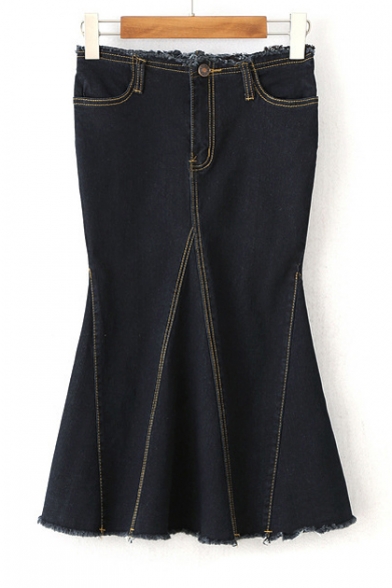New Fashion Contrast Stitching Raw Edge Fishtail Denim Skirt