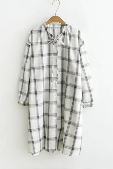 Simple Tied Neck Single Breasted Plaid Color Block Long Sleeve Tunic Shirt