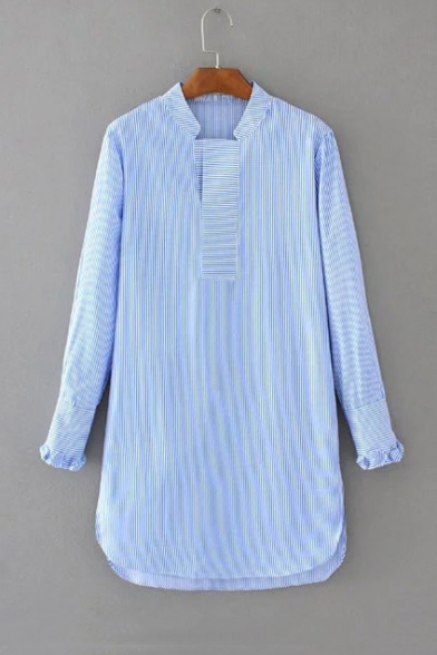 Stand-Up Collar Long Sleeve Vertical Striped Print High Low Hem Tunic Blouse