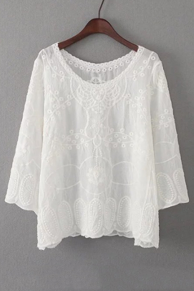 Women's New Fashion Round Neck 3/4 Length Sleeve Lace Embroidery Pullover Blouse