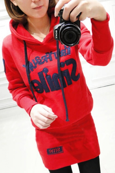 Casual Drawstring Hooded Embroidery Letter Appliqued Long Sleeve Mini Sweatshirt Dress