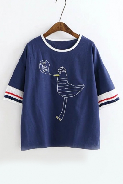 Embroidery Rooster Letter Pattern Ruched Short Sleeve Color Block Tee