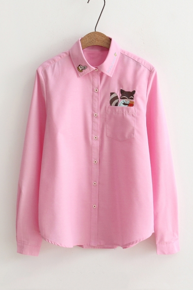 Fashion Girls' Lapel Collar Fox Embroidered Long Sleeve Buttons Down Shirt with One Pocket