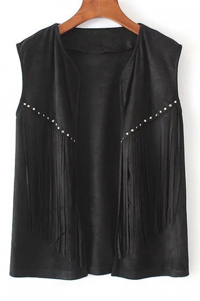 Fashion Tassel Rivet Embellished Open-Front Sleeveless Plain Vest