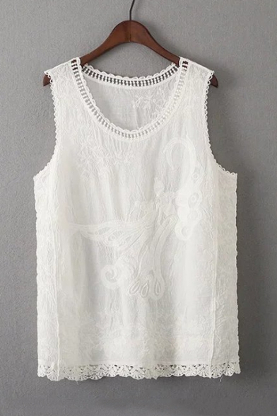Lace Patchwork Hem Hollow Out Round Neck Sleeveless Floral Pattern Plain Tee