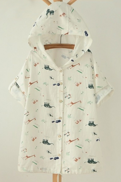 New Arrival Hooded Single Breasted Short Sleeve Cartoon Print Coat with Drawstring Waist