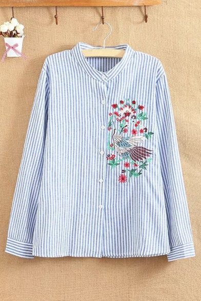 New Arrival Stand-Up Collar Long Sleeve Floral Embroidered Striped Print Shirt