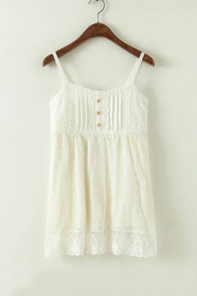 New Arrival Sweet Spaghetti Straps Buttons Down Front Lace Patched Layered Cami