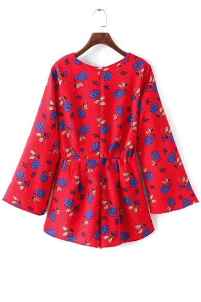 V-Neck Long Sleeve Floral Print Drawstring Waist Casual Basic Rompers
