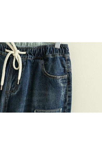Fashion Drawstring Elastic Waist Appliqued Ripped Cropped Jeans