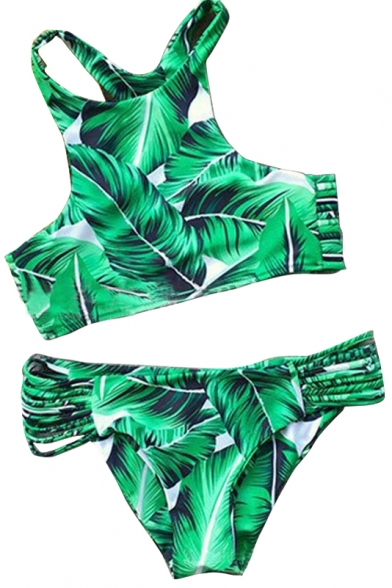 New Fashion Leaf Print Sleeveless Halter Neck String Side Bottom Fashion Bikini