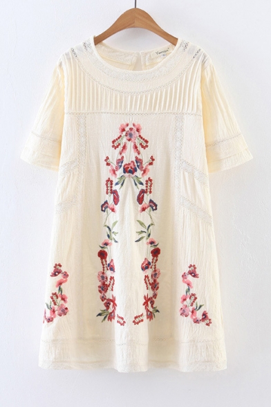New Fashion Round Neck Short Sleeve Lace Patched Floral Embroidery Mini Swing Dress