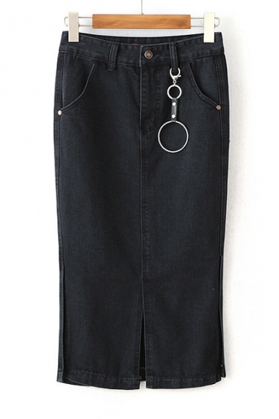 New Stylish Plain Split Front Midi Bodycon Denim Skirt Embellished with Metallic Ring