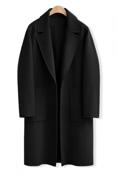 Oversized Notched Lapel Single Breasted Long Sleeve Plain Tunic Coat