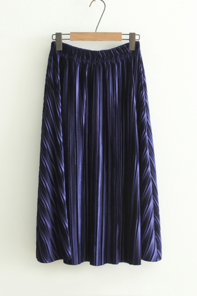 Retro Stylish Plain Maxi Velvet Pleated Skirt