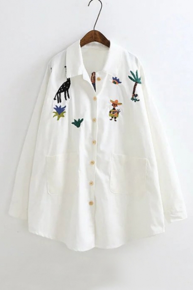Single Breasted Lapel Embroidery Cartoon Pattern Long Sleeve Tunic Shirt with Pockets