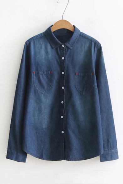 Single Breasted Long Sleeve Lapel Plain Denim Shirt with Two Pockets