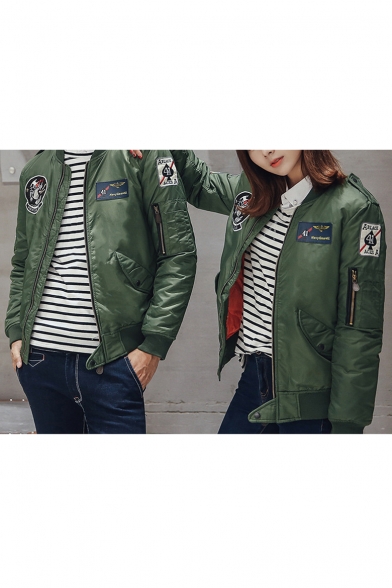 Stand-Up Collar Long Sleeve Zip Design Patched Embroidered Baseball Jacket for Couple