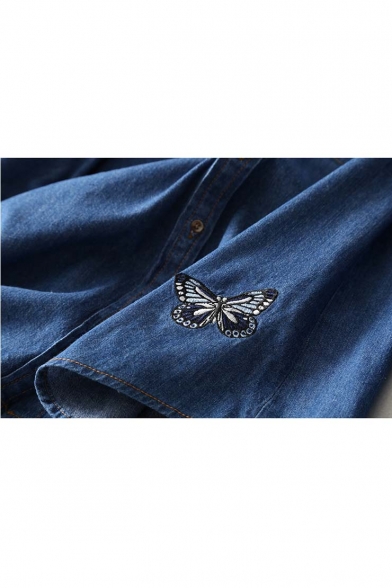Boyfriend Style Single Breasted Embroidery Floral Butterfly Pattern Tunic Denim Shirt