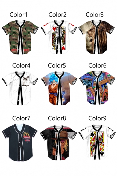 Collarless Short Sleeve Camouflage Printed Hip-Hop Style Single Breasted T-Shirt