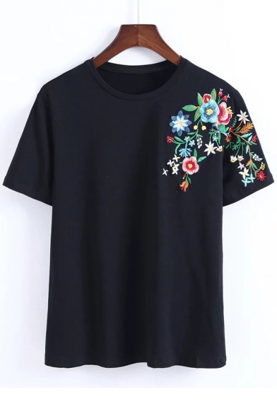 Embroidery Floral Shoulder Short Sleeve Round Neck Casual Tee