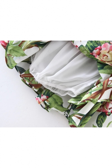 Fashion Cold Shoulder Floral Printed Boat Neck Cropped Blouse