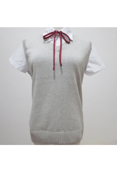 Lady's Basic V-Neck Sleeveless Plain Fitted Cozy Knit Pullover Vest Sweater