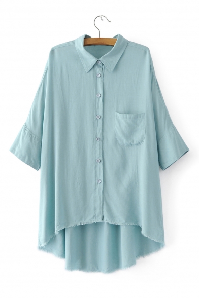 Lapel Collar 3/4 Length Sleeve High Low Hem Plain Shirt with Single Pocket