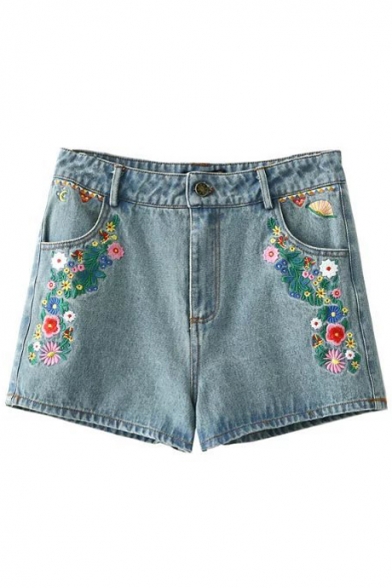 Mid Waist Floral Embroidered Single Button Denim Shorts
