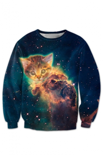 New Fashion Galaxy Cat Printed Round Neck Long Sleeve Pullover Leisure Sweatshirt