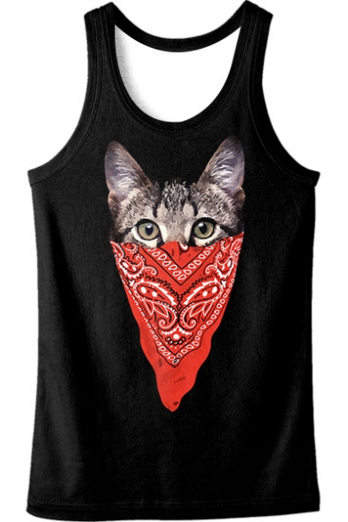 New Fashion Round Neck Sleeveless Cat Printed Pullover Casual Loose Tank Tee