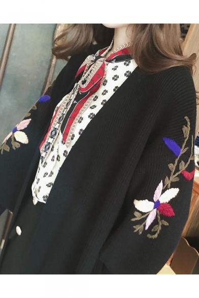 Open Front Puff Sleeve Floral Embroidered Sleeve Oversize Tunic Knit Cardigan