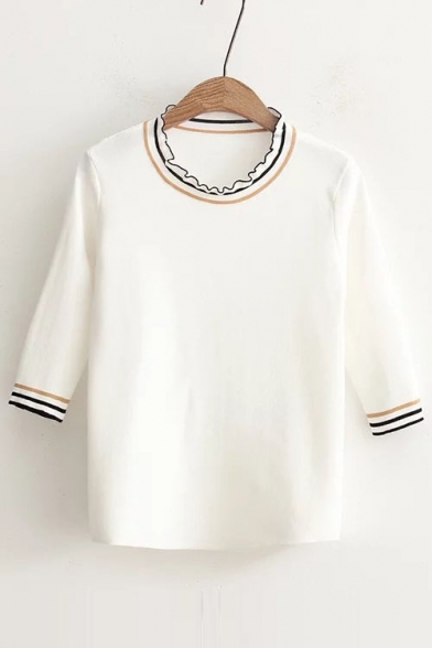 Round Neck 3/4 Length Sleeve Striped Printed Cuff Knit Pullover Sweater