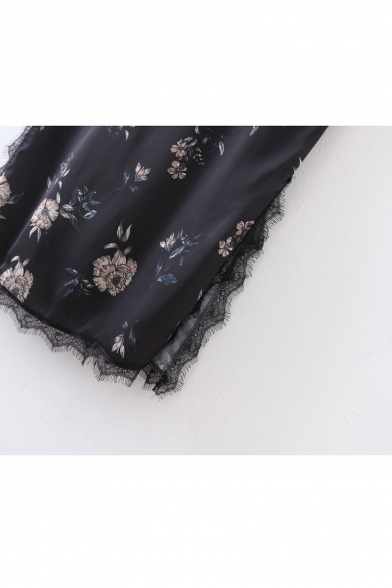 Spaghetti Straps Lace Patchwork Trim Split Side Floral Printed Cami Dress