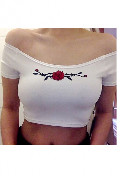 Women's Sexy Off the Shoulder Floral Printed Short Sleeve Cropped Tee