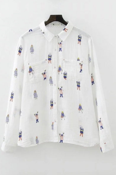 Cartoon Printed Lapel Collar Long Sleeve Buttons Down Shirt with Double Pockets