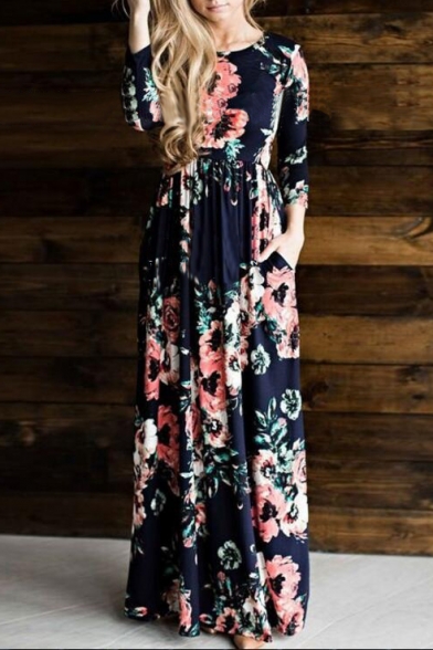 Chic Women's Long Sleeve Floral Printed Round Neck Maxi Dress