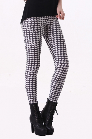 Classic Houndstooth Pattern Black White Color Block Sexy Leggings
