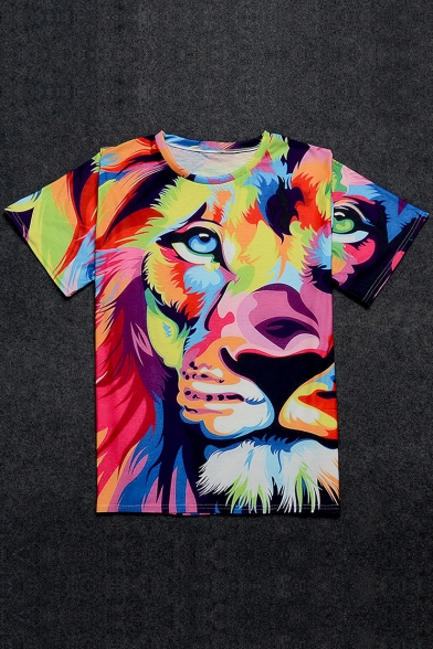 Color Block Lion Printed Round Neck Short Sleeve Graphic T-Shirt
