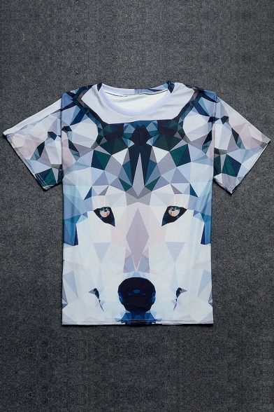 Color Block Wolf Printed Round Neck Short Sleeve Pullover Leisure Tee